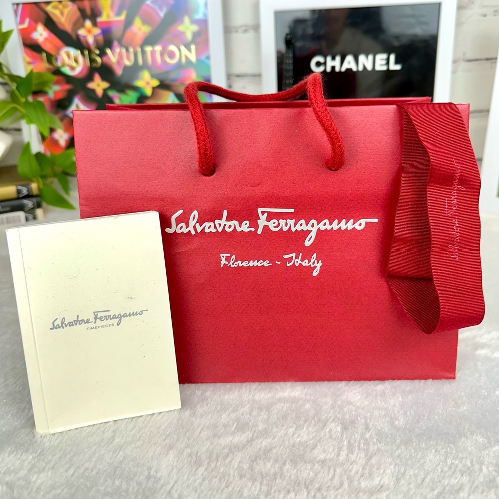 Salvatore Ferragamo red paper shopping bag and booklet